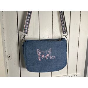 CUSTOMIED Denim Cat Crossbody Bag Blue with Embroidered Design (C826-26)